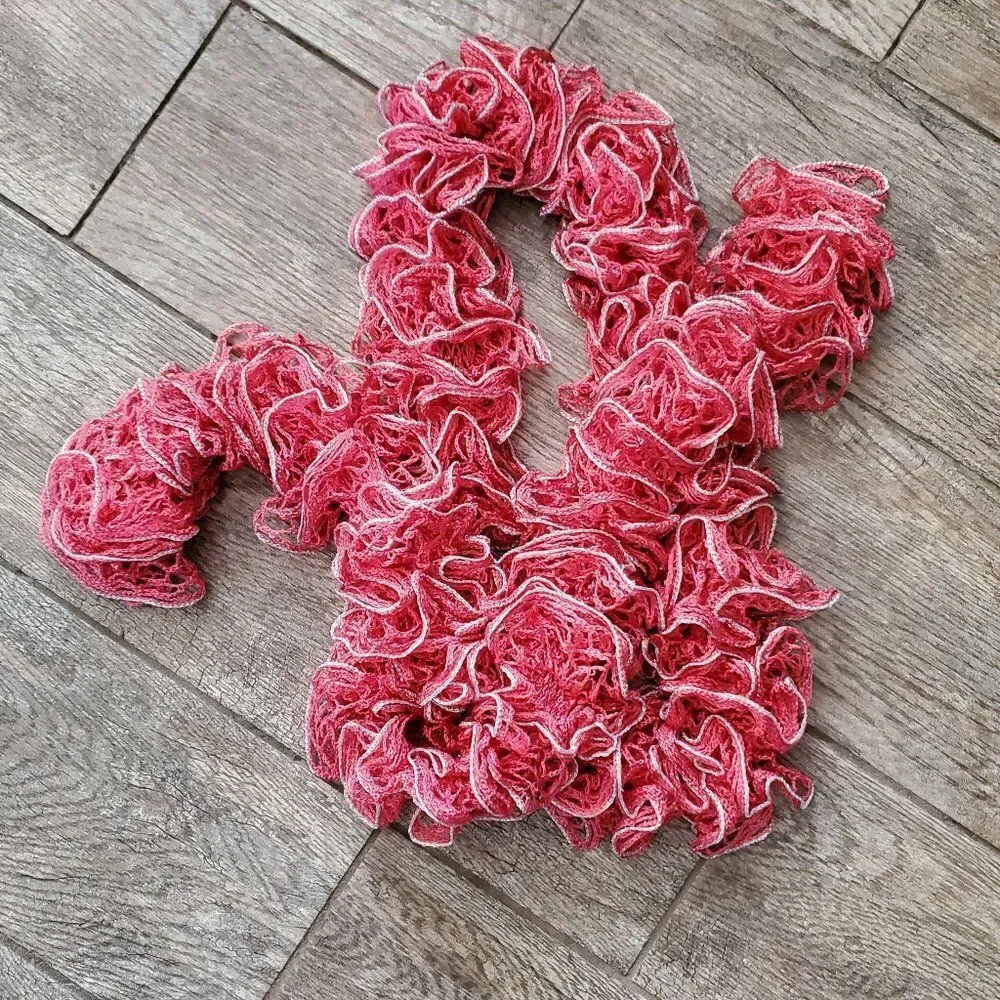 BOGO Scarf Sale - Hand Crafted crochet pink and silver ruffle scarf